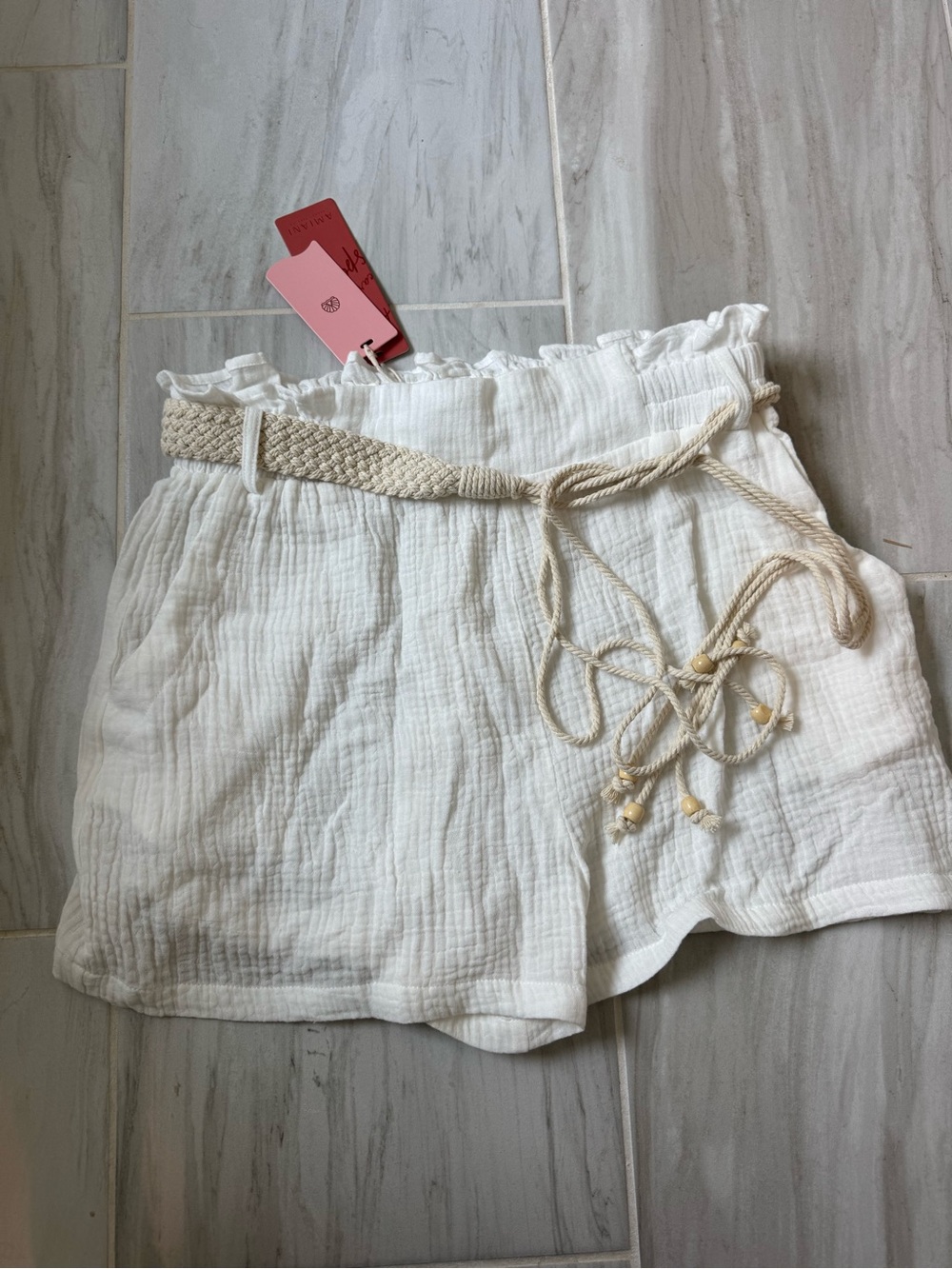 High-Waist Cream Gauze Paperbag Shorts with Braided Rope Belt